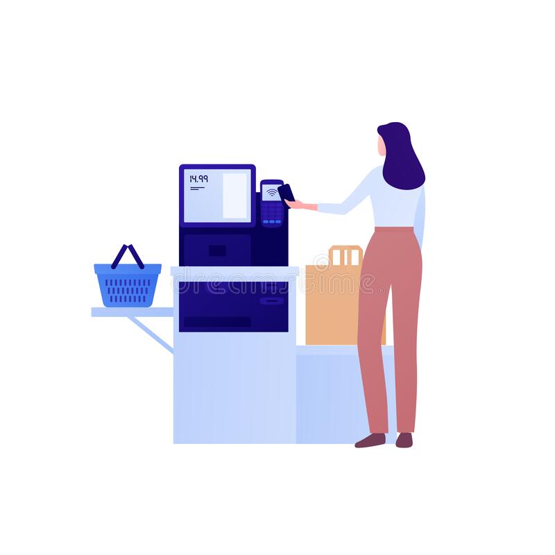self-checkout-grocery-kiosk-contactless-payment-concept-vector-flat-character-illustration-woman-customer-person-pay-smart